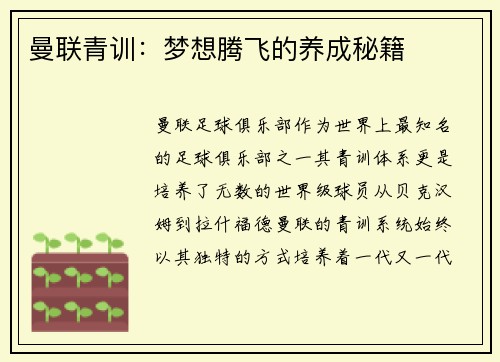 曼联青训:梦想腾飞的养成秘籍 曼联青训:梦想腾飞的养成秘籍